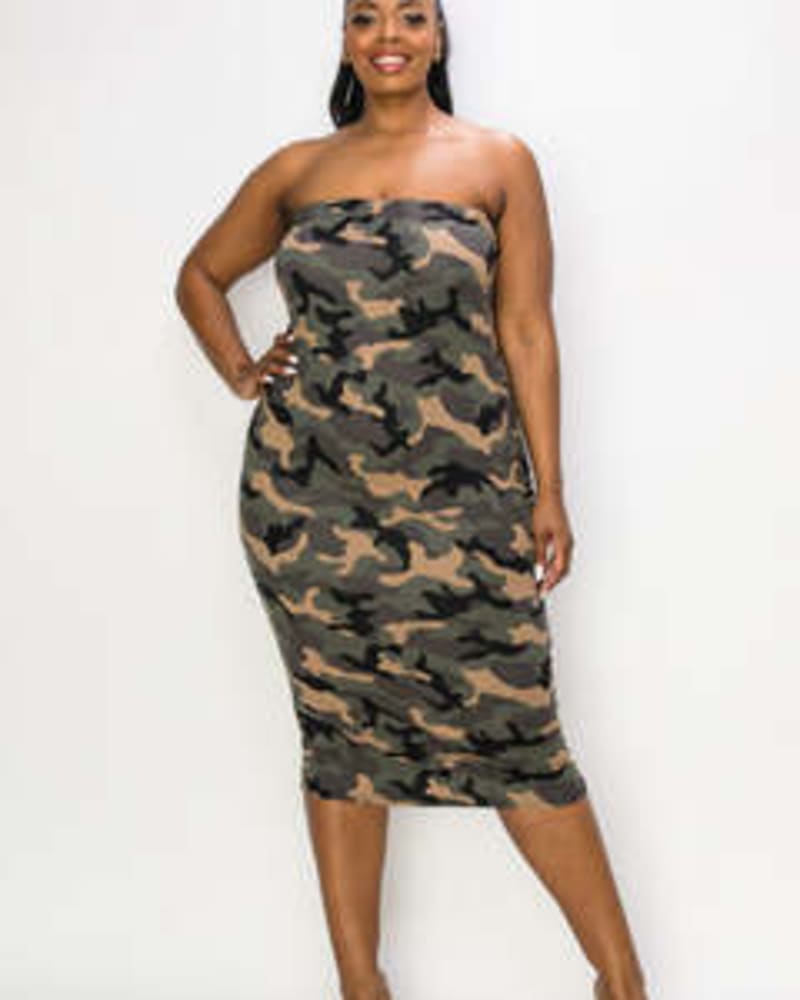 Front of a model wearing a size 1X Ariana Camo Tube Dress in Olive Airforce Moss by L I V D. | dia_product_style_image_id:241666